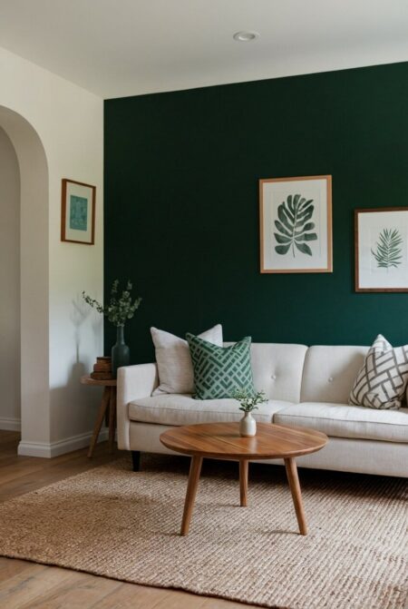modern living room with a dark green accent wall behind the linen sofa, warm wood coffee table, and framed art