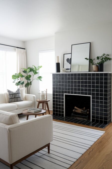 modern living room with white walls, cream sofas, and black and white tiled fireplace surround