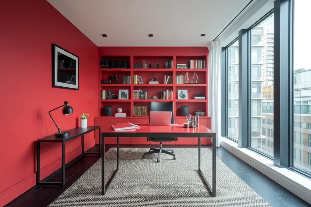 modern red home office with black accents