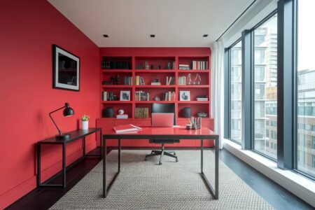 modern red home office with black accents