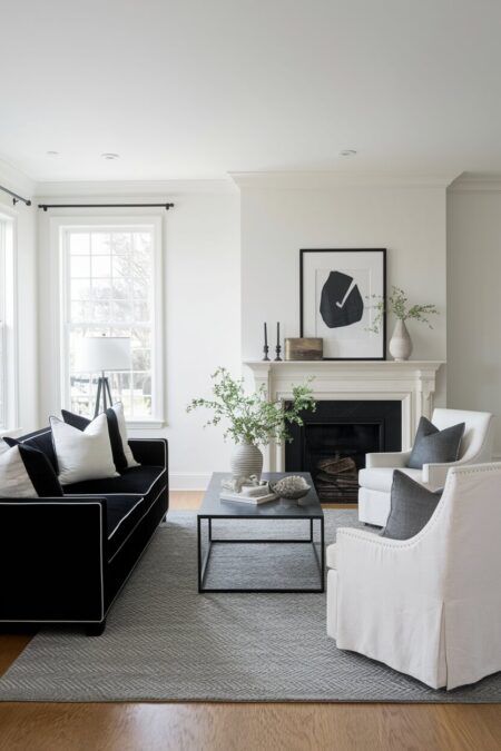 monochromatic black and white living room with a fireplace, a black sofa, and a gray area rug