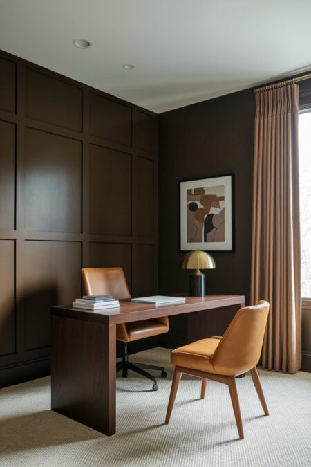 monochromatic dark brown home office with a walnut desk, tan upholstered seating, and a brass table lamp