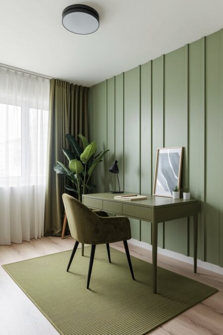 monochromatic green home office with a deep olive desk chair, mint green walls, and a sage area rug