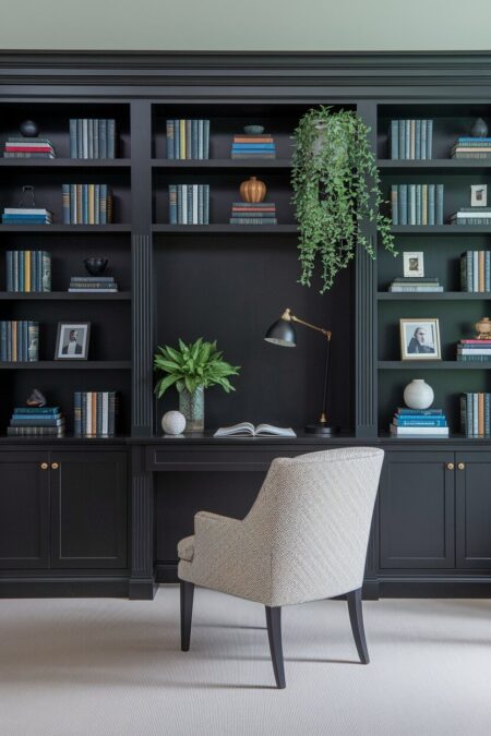 moody black home office built-in bookshelves