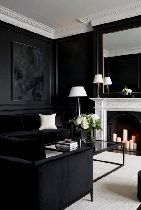 moody black living room with black velvet sofas, a white marble fireplace and table lamps, and a cream area rug