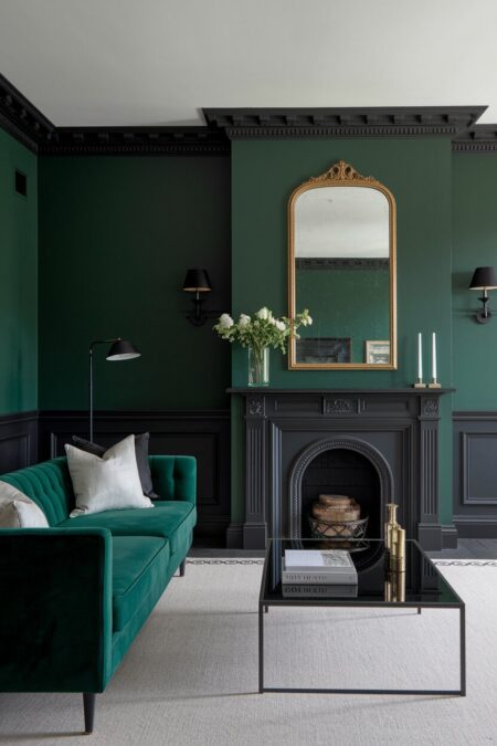 moody dark green living room with black accents, a glass coffee table, and some metal decor