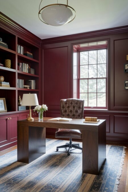 moody home office with burgundy walls, a walnut desk, and a tufted leather chair