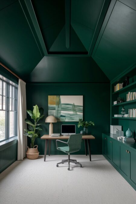 moody home office with dark green ceiling and walls