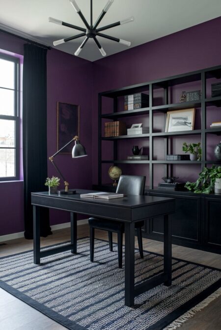 moody home office with dusty purple walls and black furniture
