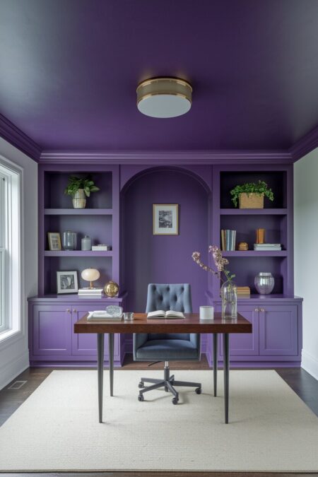 moody home office with purple ceiling and built-ins, white walls