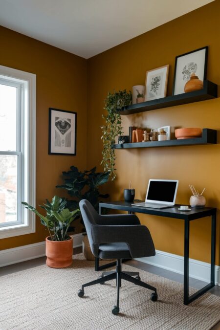 moody mustard yellow home office with a charcoal linen chair, black shelving and a desk