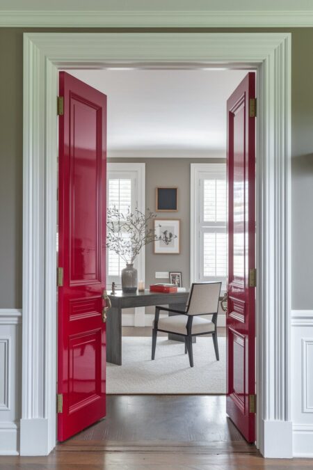 neutral home office with a lacquered red door