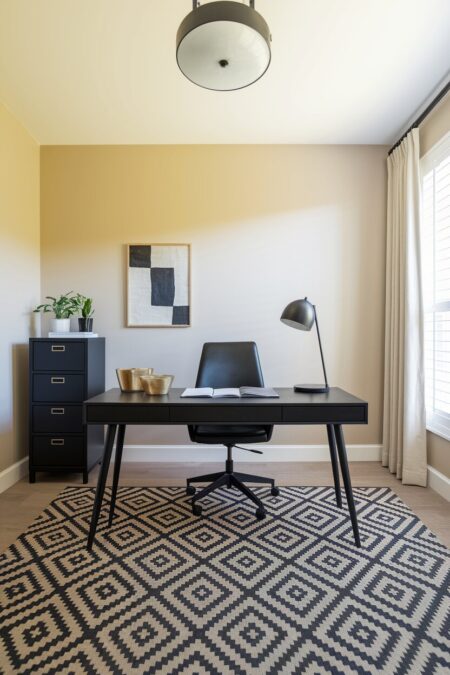 neutral home office with beige walls, black desk and filing cabinet, and a patterned rug in black and tan