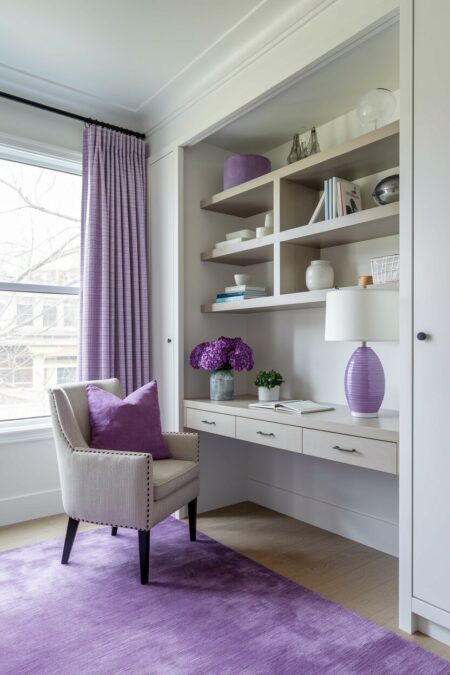 neutral home office with white walls, a light wood desk, and purple textiles