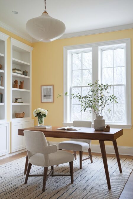 pale yellow home office with white furniture and a walnut desk