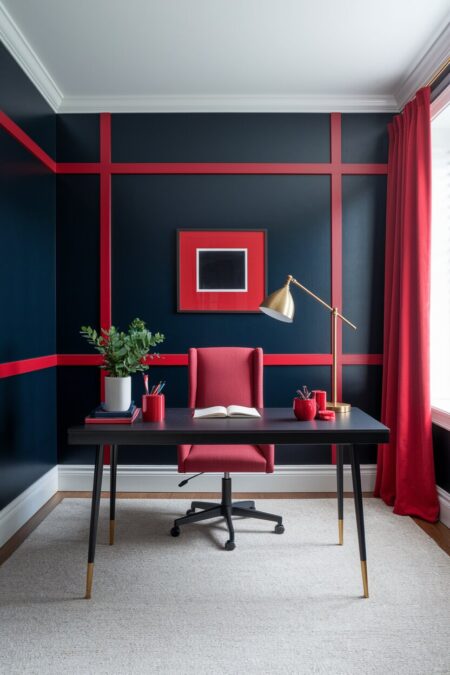 red and navy home office with a black desk and a brass desk lamp