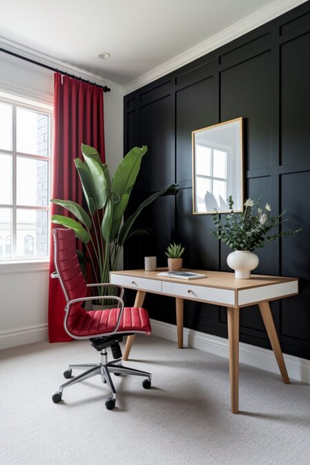 red leather office chair and red curtains in the home office with a wood desk and a dark charcoal wall