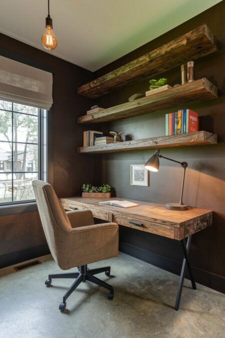rustic brown home office with a reclaimed wood desk and floating shelves, an Edison bulb lighting