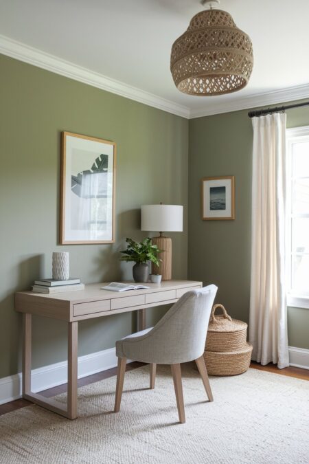 sage green home office with a natural wood desk and a linen desk chair