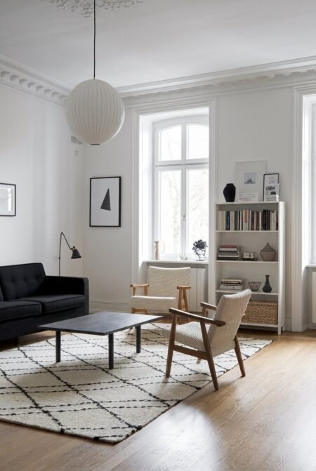 Scandinavian black and white living room with light wood floors, a black sofa, and a white bookshelf