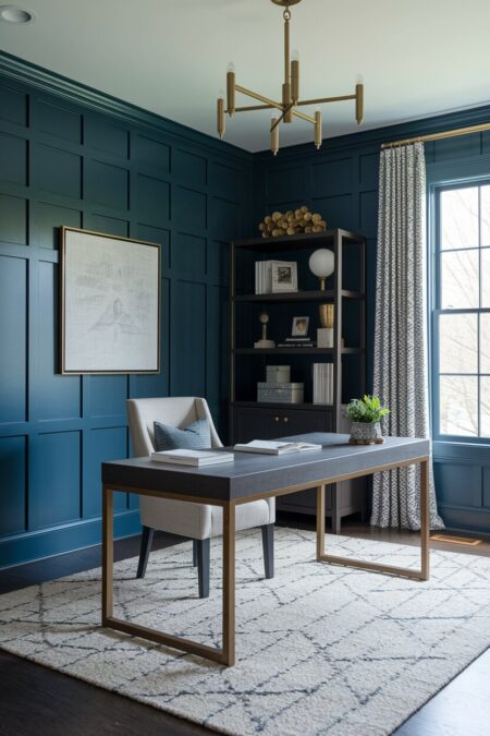 slate blue home office with board and batten, charcoal furniture, brass accents, and dark hardwood floors