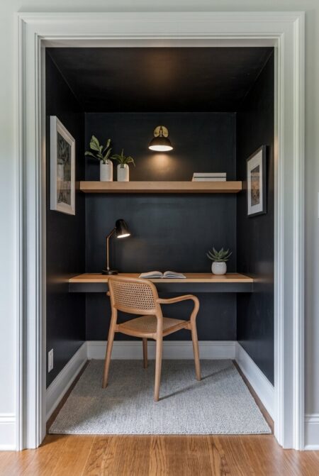 small black closet home office with a light wood desk and floating shelf, a desk lamp and a wall sconce