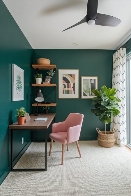 small feminine dark green home office with a blush pink chair