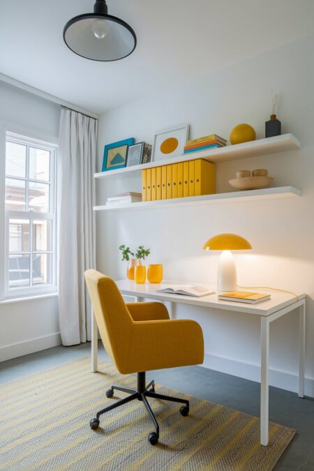 small home office with white walls, a yellow chair, ceramic table lamp, folders, and decor