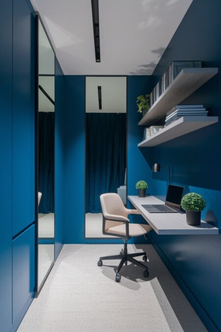 small minimalist blue home office with mirrors