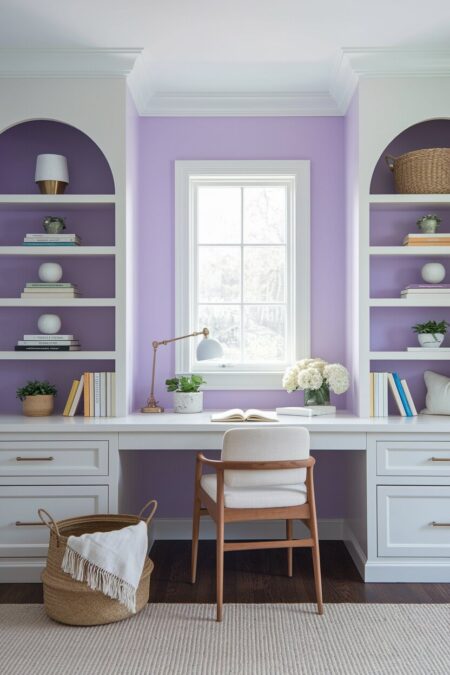 soft lavender home office with white built-in shelves and a white desk