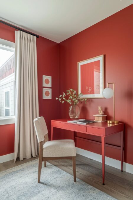 tomato red home office with a red desk and cream furnishings