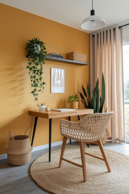 warm yellow home office with a sisal rug, linen curtains, and houseplants