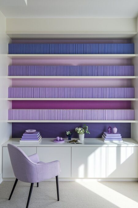 white bookshelves with purple ombre bookshelf styling