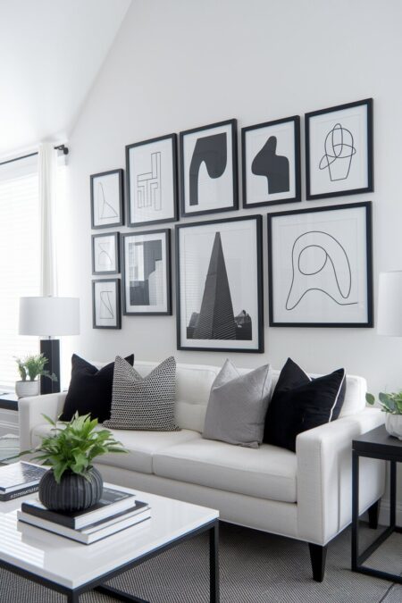 white living room with a gallery wall in black frames and other black decor