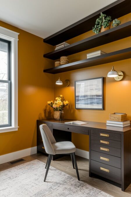 yellow home office has dark wood shelving and a dark wood desk with brass hardware