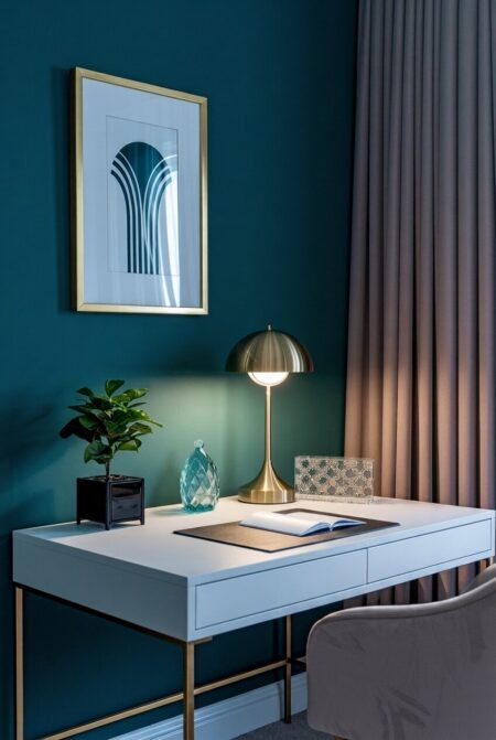 Art Deco home office with a brass desk lamp and a glass paperweight on the white desk