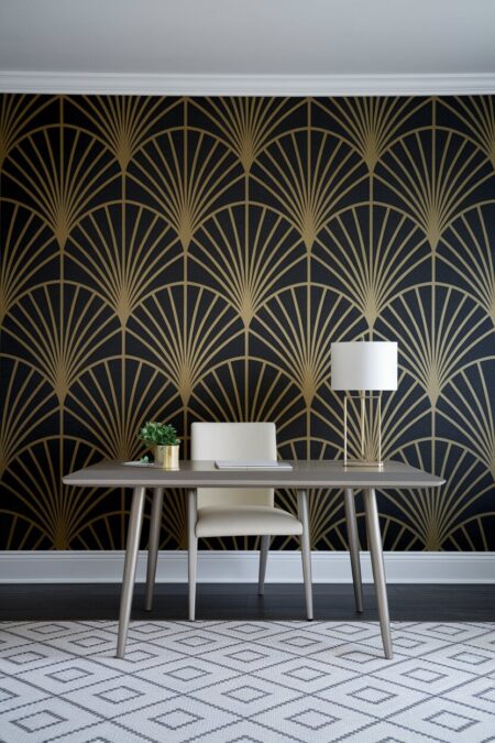 Art Deco home office with black and gold fan-patterned wallpaper on the accent wall