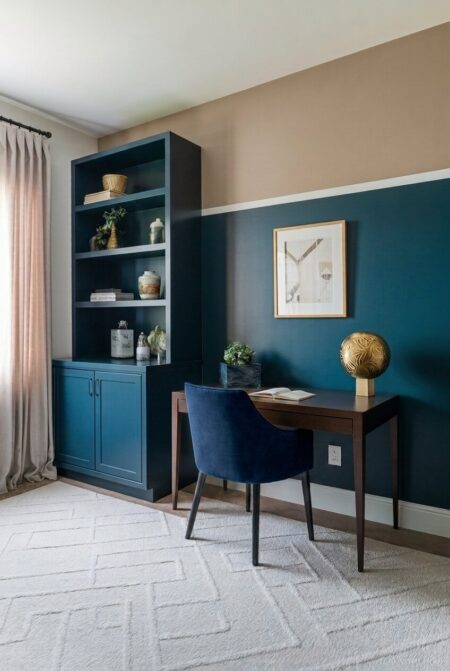 Art Deco home office with color-blocked wall in navy blue and beige, gold decor on the dark wood desk
