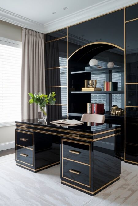 Art Deco home office with lacquered black furniture and gold hardware