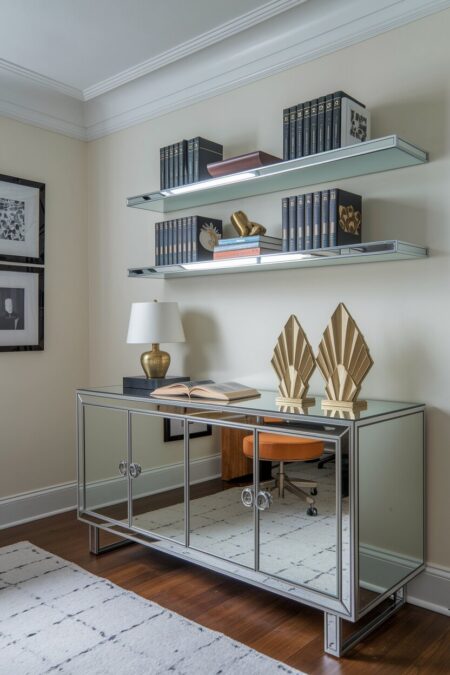 Art Deco home office with mirrored credenza and floating shelves with books and gold decor