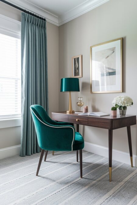 beige Art Deco home office with an emerald lampshade and curved-back velvet chair on tapered legs