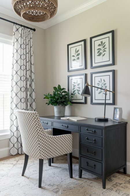 beige farmhouse home office with a black desk, black metal hardware and picture frames