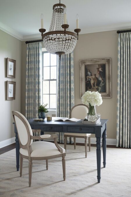 beige French country home office with a vintage crystal chandelier and a gray desk