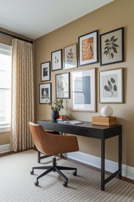 beige home office with a gallery wall and a dark desk