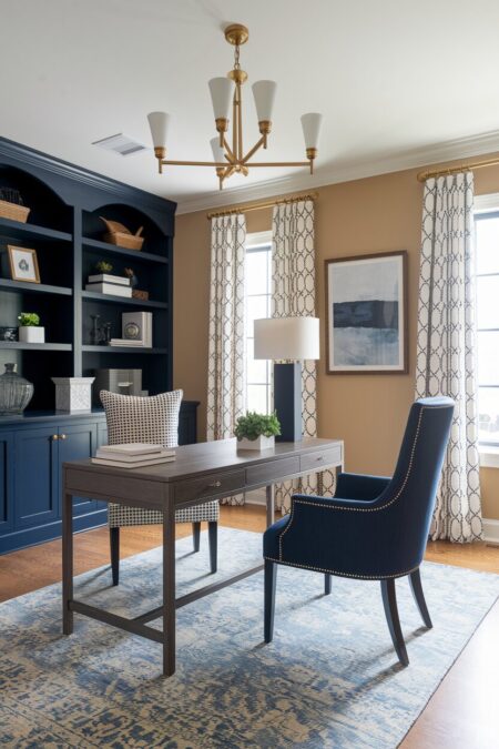 beige home office with a navy blue chair and built-in shelving