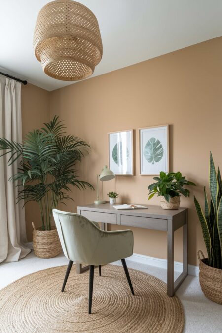 beige home office with a velvet sage green chair and a round jute rug