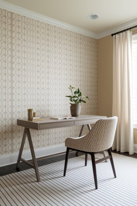 beige home office with a wallpaper