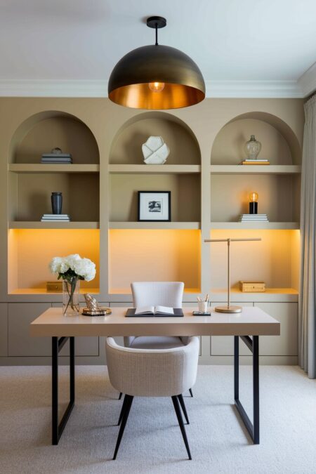 beige home office with an oversized pendant lamp in brushed metal