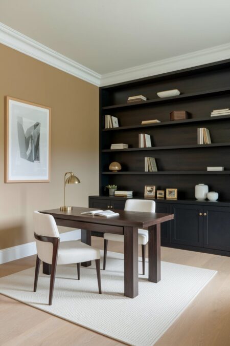 beige home office with dark wood furniture and a cream area rug