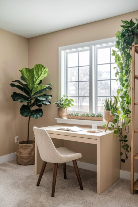 beige home office with houseplants on the floor, bookshelf, and windowsill